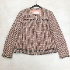 Gerry Weber Women pink tweed blazer US 12 hook and eye front closure fringe